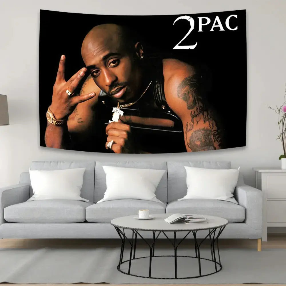 Black 2pac tapestry wall hanging with white text style wall hanging for hip-hop bedroom decor