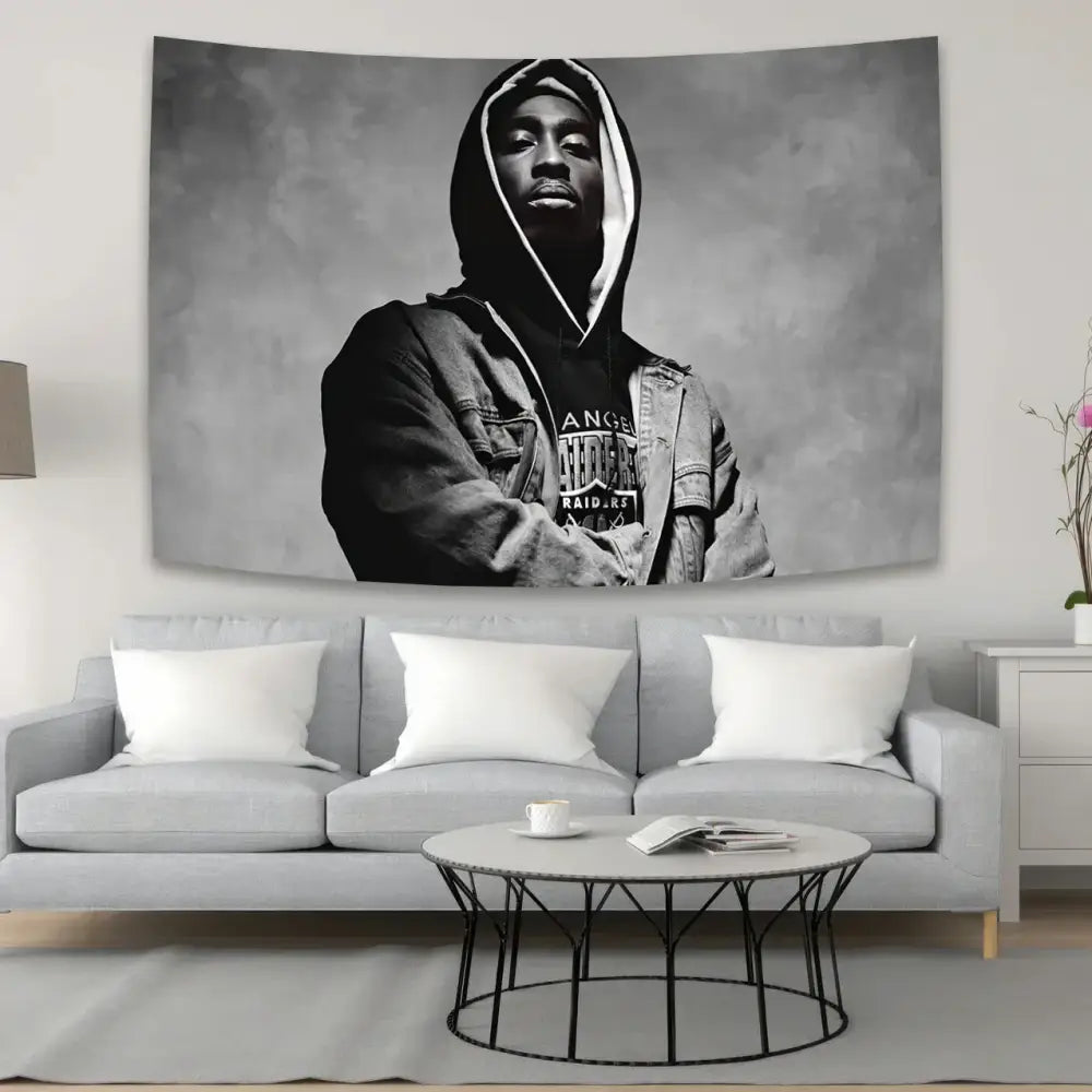 Black and white 2pac tapestry style wall hanging featuring a man in a hoodie for hip hop bedroom decor