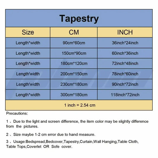 Blue tapestry flag size chart showing dimensions in cm and inches for decorbites black metal hippie bedroom art