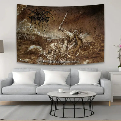 Brown and black tapestry flag featuring viking warrior artwork for decorbites black metal hippie bedroom art display