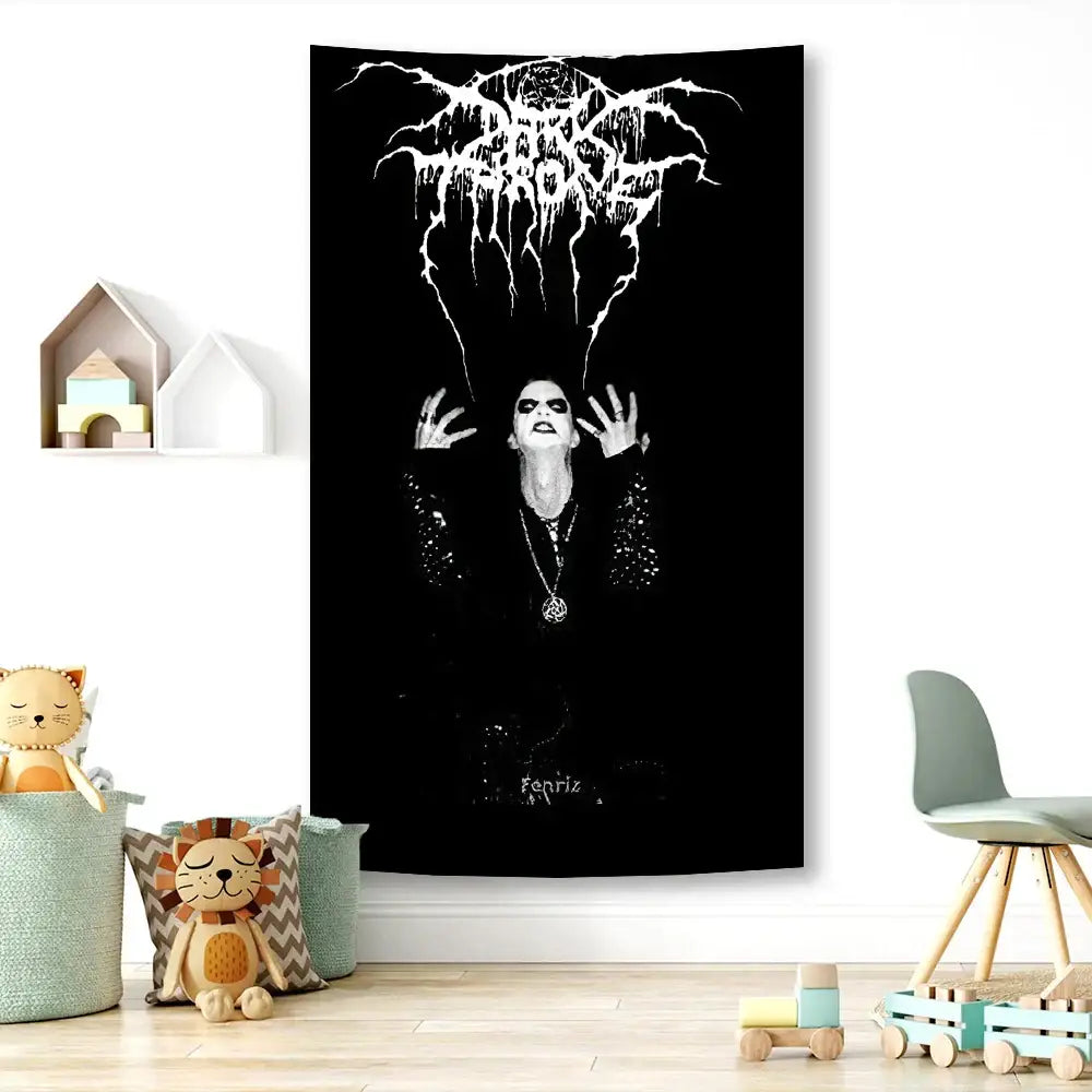 Black tapestry flag featuring darkthrone logo and fenriz with makeup for bedroom decorbites black metal hippie decor