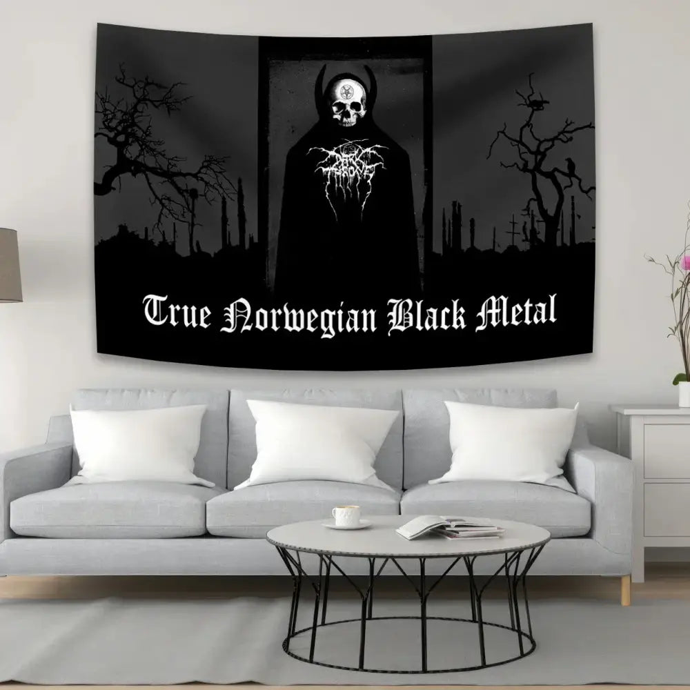 Black and white tapestry flag featuring a skeletal horned figure and true norwegian black metal text for bedroom decorbites black metal decor