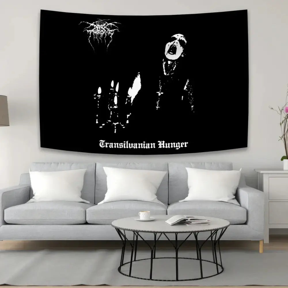 Black tapestry flag featuring white screaming figure with candles and transilvanian hunger text for black metal hippie decorbites