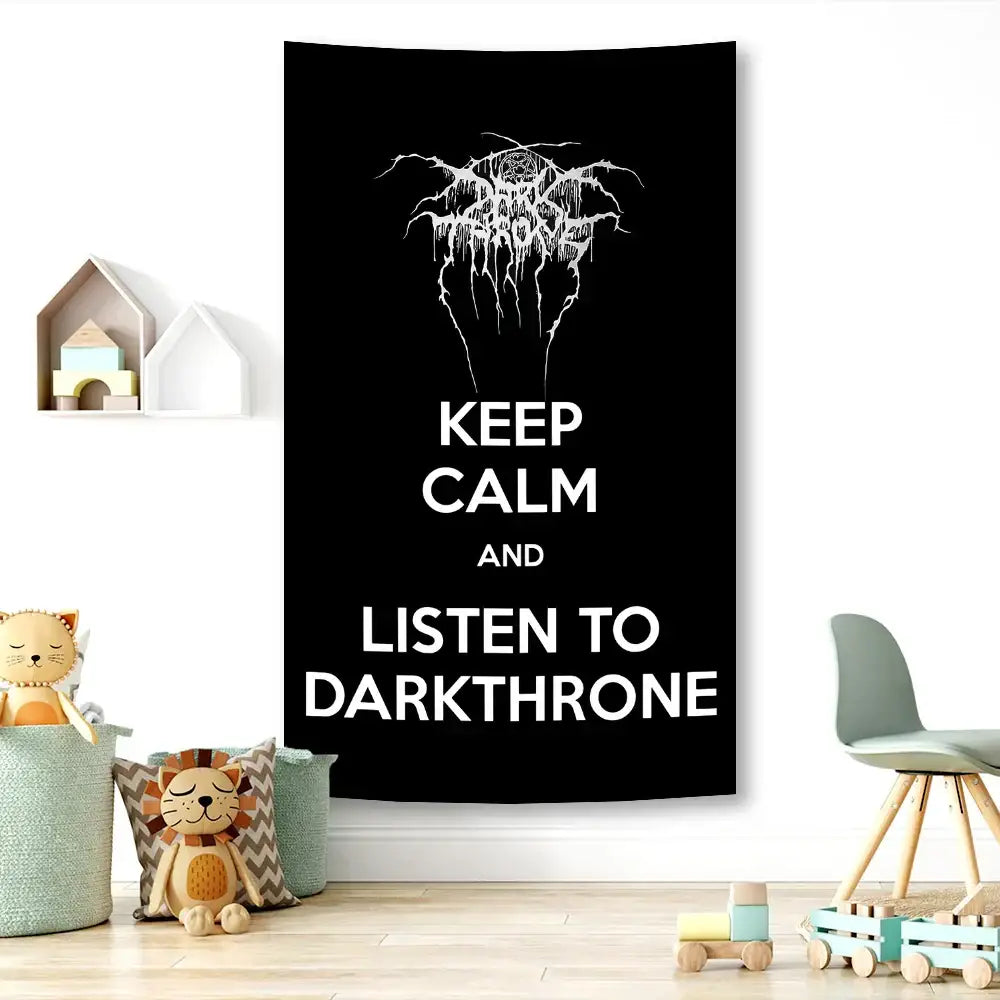 Black tapestry flag with white keep calm and listen to darkthrone text and dripping logo for black metal hippie decorbites