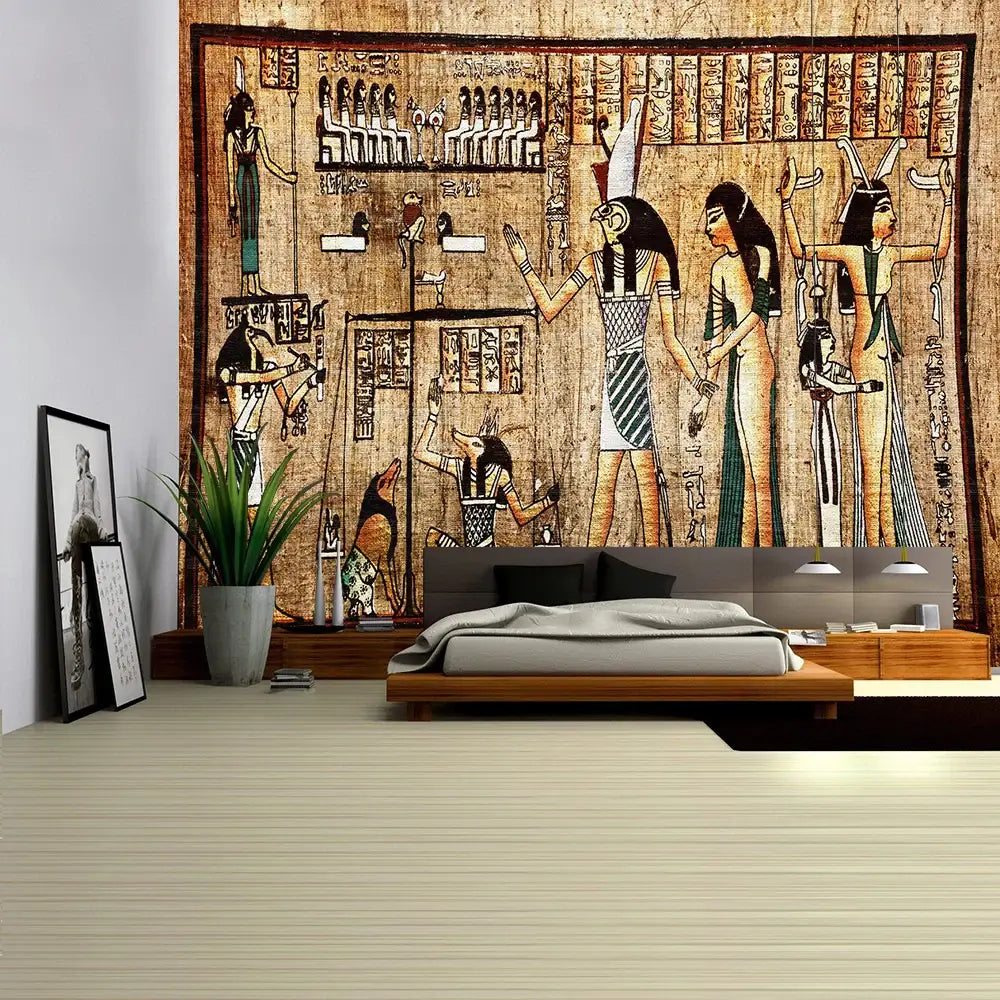 Earthy toned egyptian pharaoh mural tapestry with hieroglyphics hanging as a hippie style bedroom wall hanging