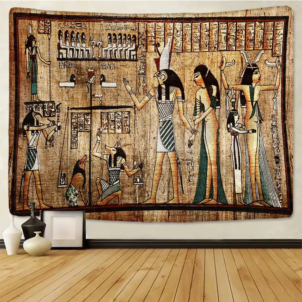 Hippie style egyptian pharaoh mural tapestry with hieroglyphics in earthy tones textured fabric wall hanging