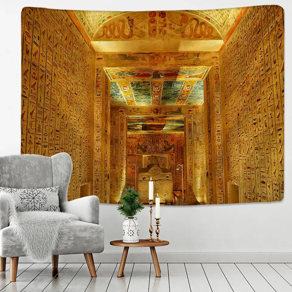 Golden egyptian pharaoh mural tapestry with hieroglyphics and ornate ceiling details for hippie style bedroom wall hanging