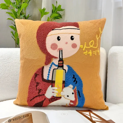 Orange throw pillow with needle-felted cartoon girl in red and blue holding bottle and yellow text for living room decorbites cartoon oil embroidery