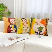 Three colorful embroidered throw pillows with cartoon oil painting embroidery of historical figures for living room decorbites cartoon oil