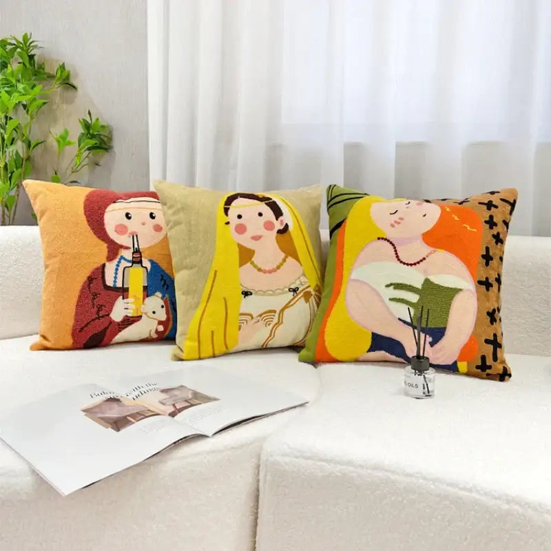 Three colorful embroidered throw pillows with cartoon oil painting embroidery of historical figures for living room decorbites cartoon oil