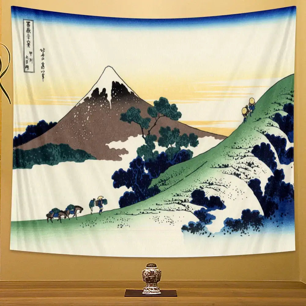 A rectangular beach scenery tapestry featuring traditional Japanese landscape with Mount Fuji in soft blues and greens