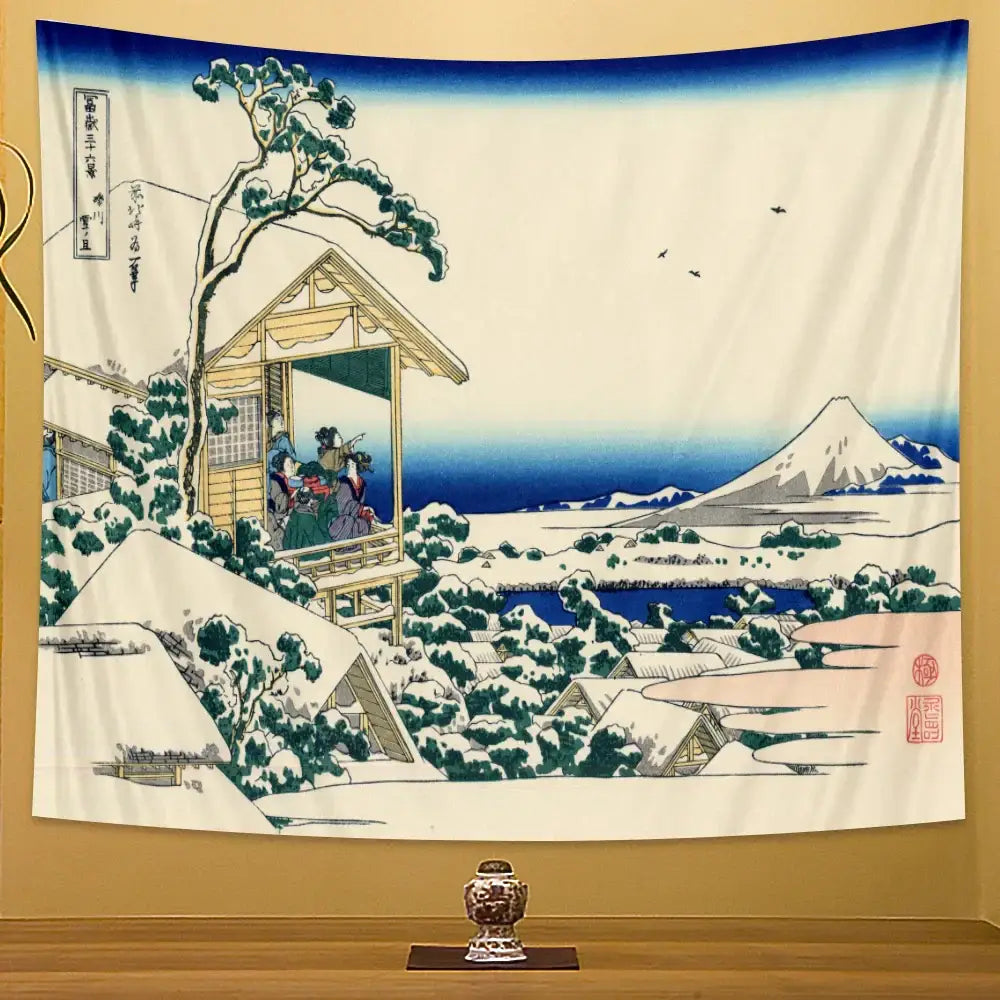 A hanging tapestry featuring traditional japanese winter landscape with mount fuji and figures, perfect for beach scenery tapestry decor