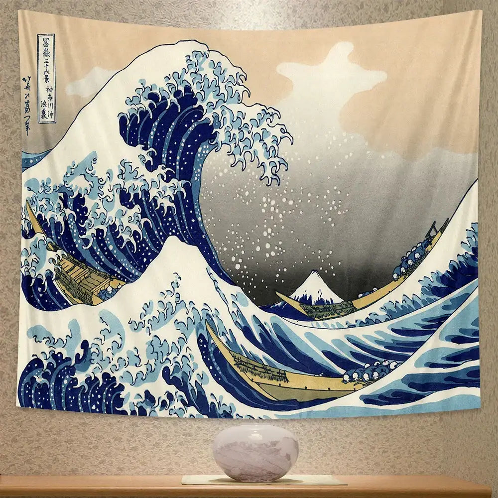 Beige hokusai red and blue beach scenery tapestry featuring stylized great wave and japanese calligraphy for bedroom decor