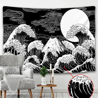 Black and white beach scenery tapestry featuring stylized waves like hokusai’s great wave off kanagawa with mount fuji