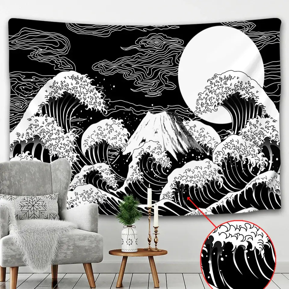 Black and white beach scenery tapestry featuring stylized waves like hokusai’s great wave off kanagawa with mount fuji