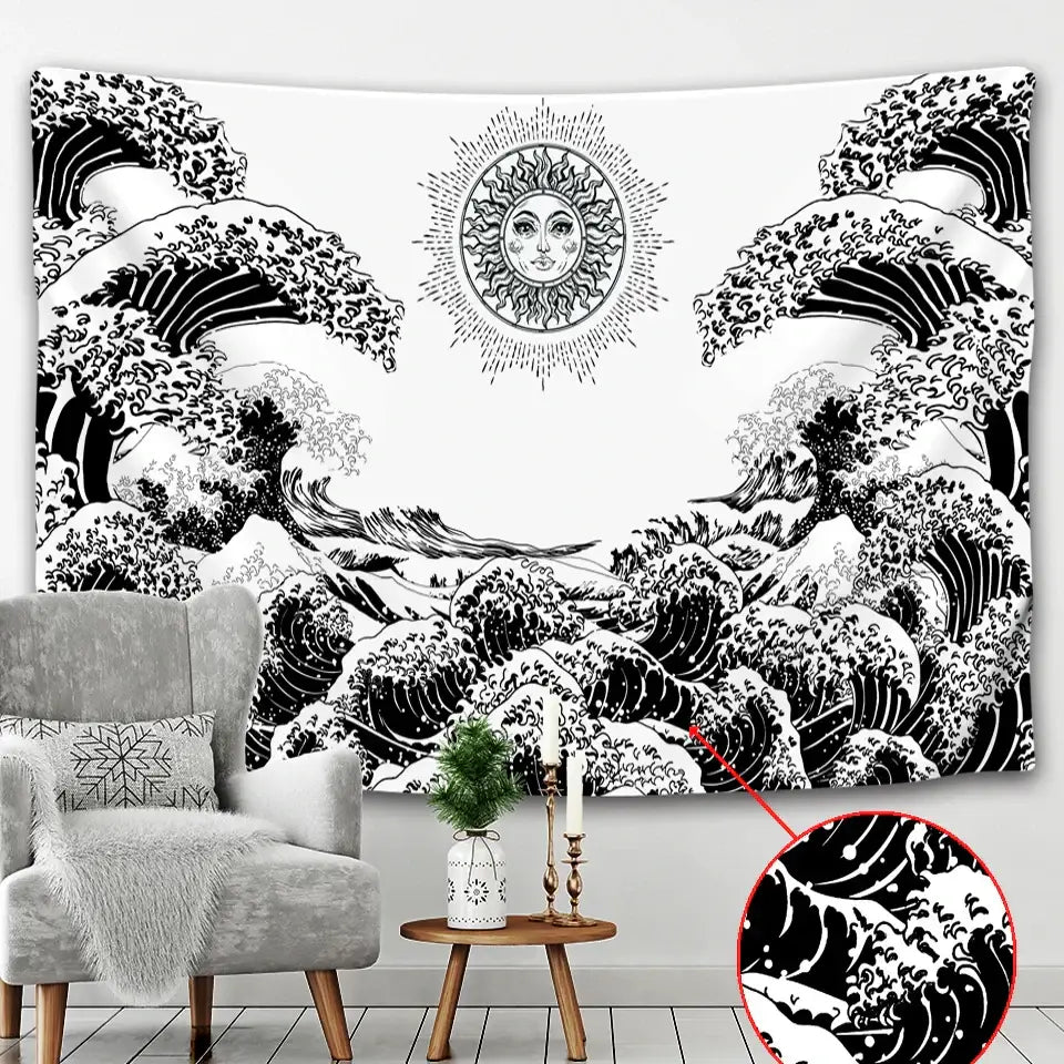 Black and white wave-themed beach scenery tapestry with central sun hanging above a gray armchair for bedroom decor