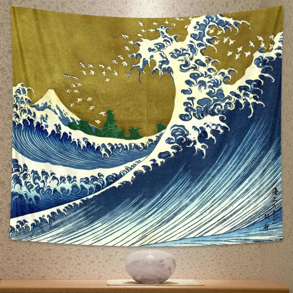 A soft textured beach scenery tapestry featuring katsushika hokusai’s great wave in deep blues gold and white foam