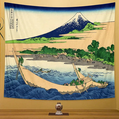 Hokusai red and blue beach scenery tapestry featuring traditional Japanese woodblock print of mount Fuji and boats