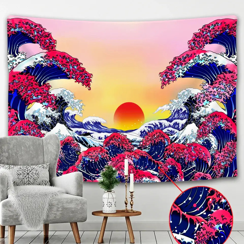 Vibrant pink and blue wave-patterned hokusai beach scenery tapestry featuring a stylized sunset for bedroom wall decor