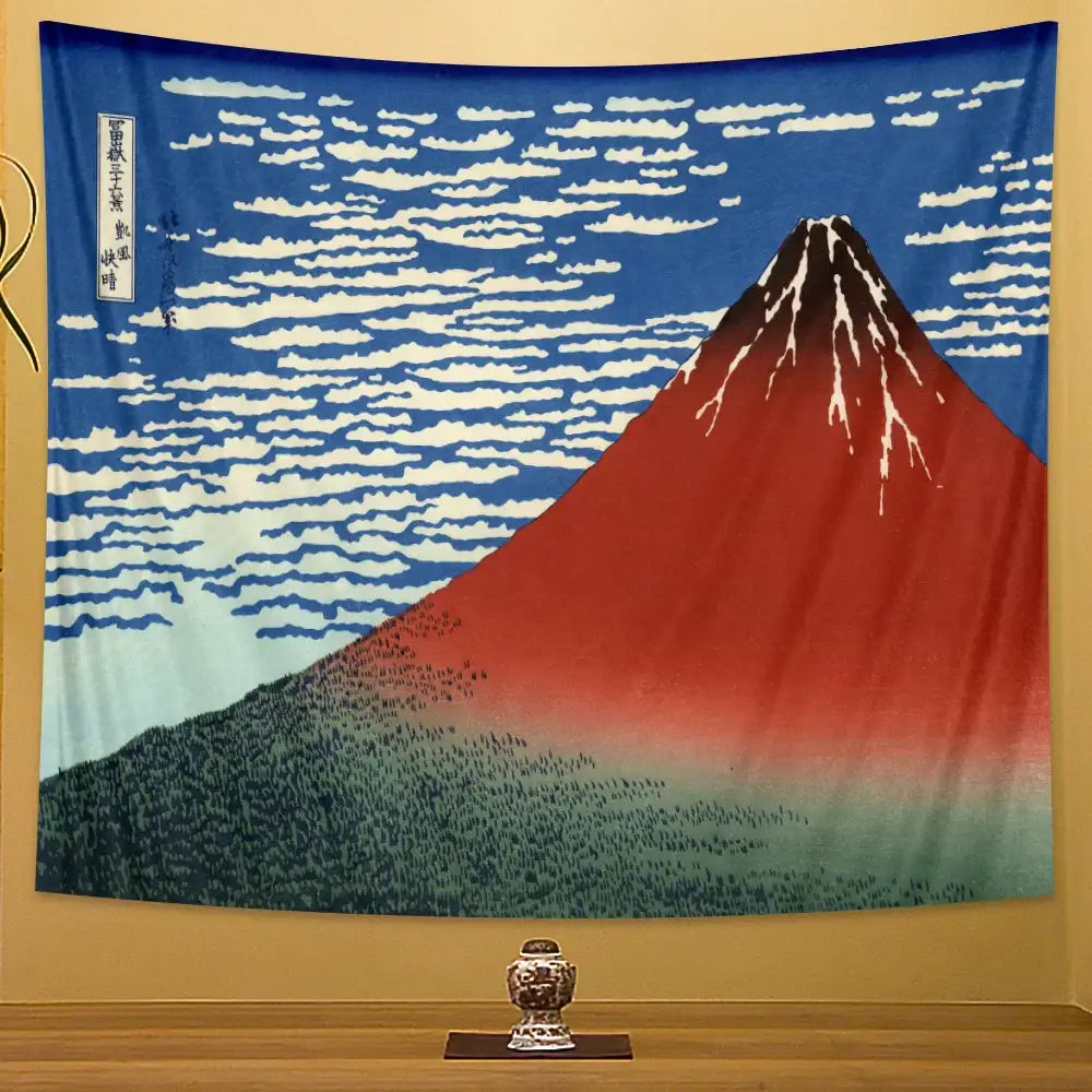 Hokusai red and blue beach scenery tapestry featuring vibrant Mount Fuji with white clouds in traditional woodblock style