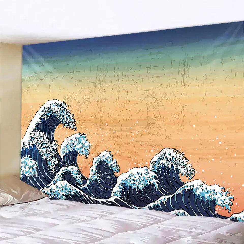 Vibrant hokusai red and blue beach scenery tapestry with bold ocean waves and a gradient teal orange yellow sky for wall decor