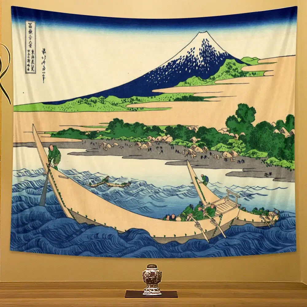 Vibrant traditional japanese woodblock print beach scenery tapestry featuring mount fuji and boats for bedroom decor
