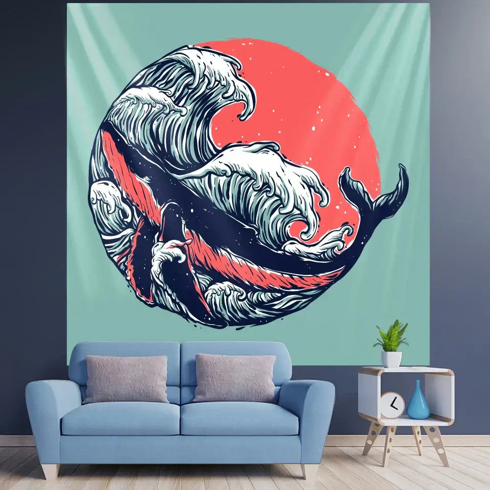A vibrant Hokusai red and blue beach scenery tapestry with dynamic wave and whale design for bedroom wall decor