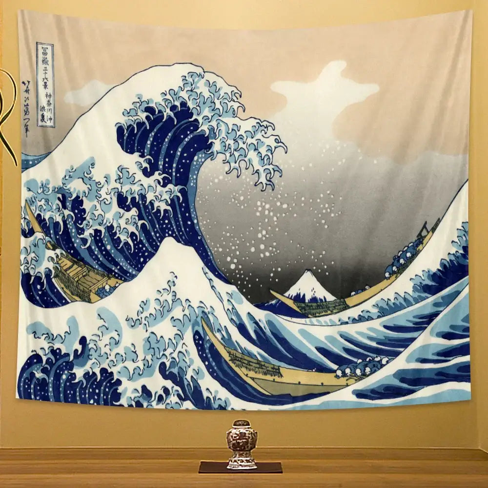 Blue and white beach scenery tapestry featuring the great wave off kanagawa by hokusai for bedroom wall decor