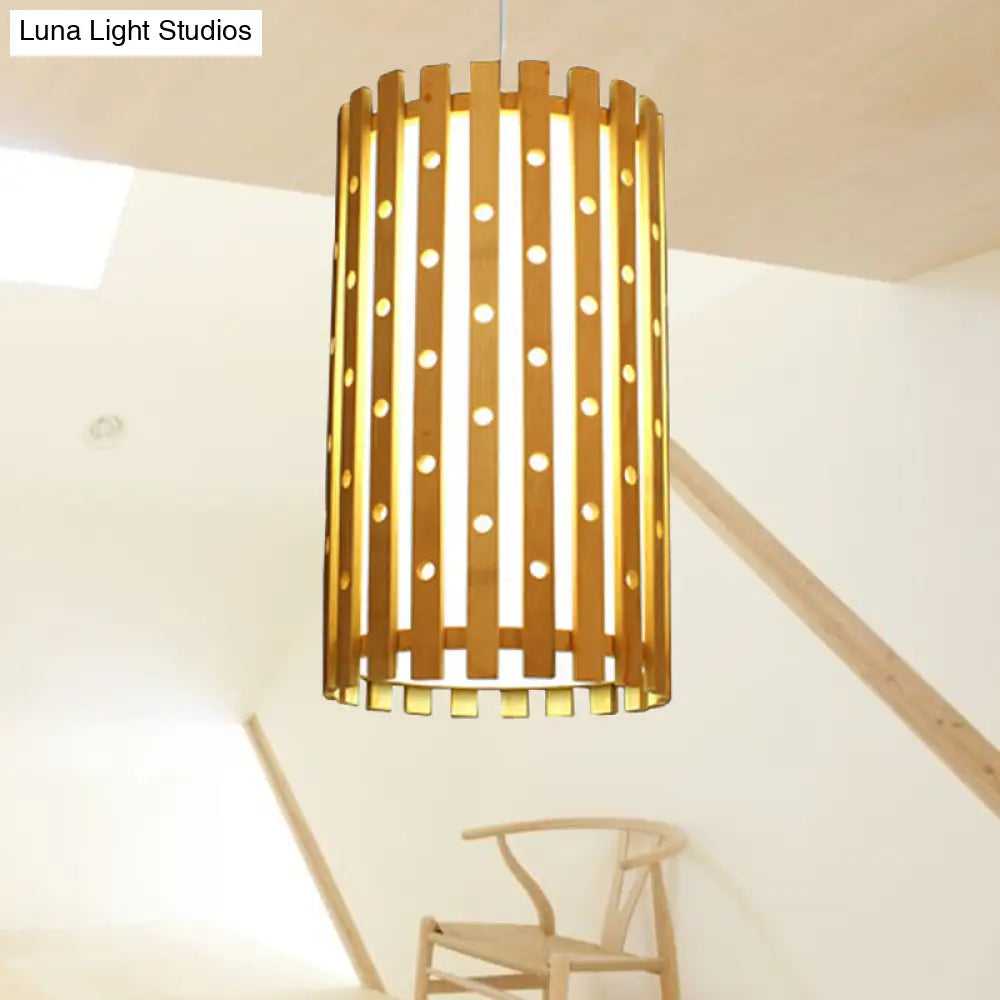 Hollow Bamboo Cylinder Ceiling Light: Modern Beige Hanging Lamp for Living Room, Single Bulb