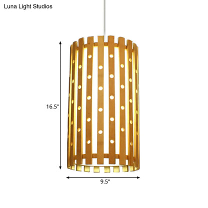 Hollow Bamboo Cylinder Ceiling Light: Modern Beige Hanging Lamp for Living Room, Single Bulb