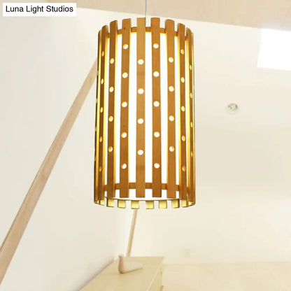 Hollow Bamboo Cylinder Ceiling Light: Modern Beige Hanging Lamp for Living Room, Single Bulb