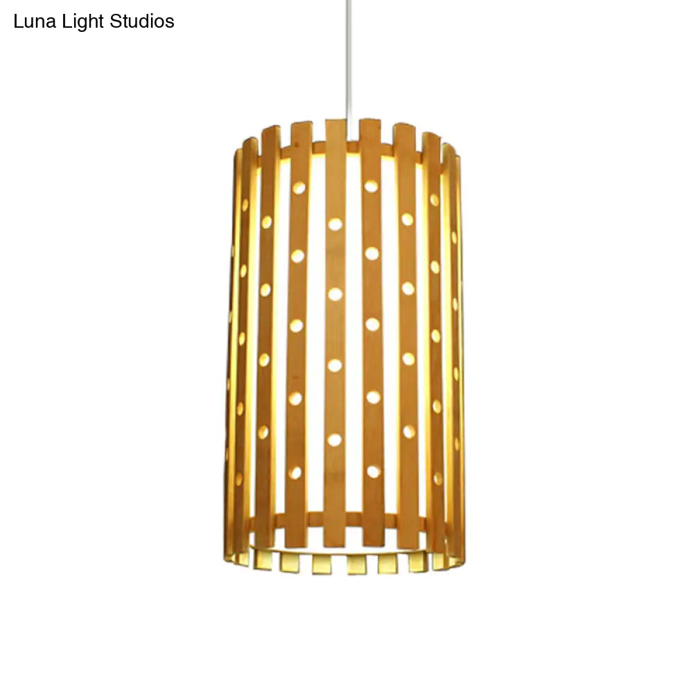 Hollow Bamboo Cylinder Ceiling Light: Modern Beige Hanging Lamp for Living Room, Single Bulb