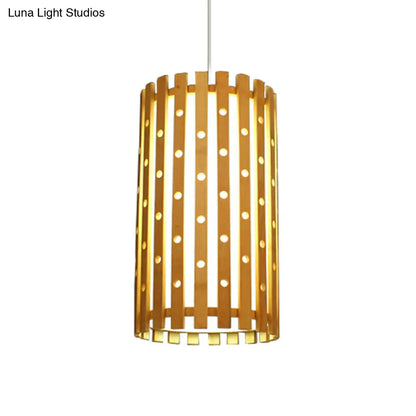 Hollow Bamboo Cylinder Ceiling Light: Modern Beige Hanging Lamp for Living Room, Single Bulb