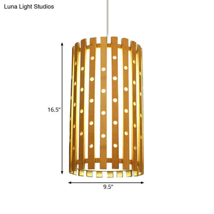 Hollow Bamboo Cylinder Ceiling Light: Modern Beige Hanging Lamp for Living Room, Single Bulb