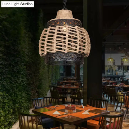 Hollowed-Out Brown Lantern Pendant Light with Hand-Wrapped Rope