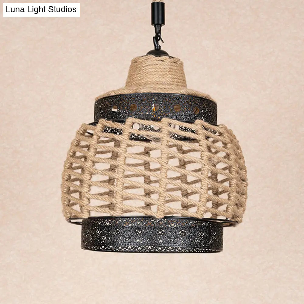 Hollowed-Out Brown Lantern Pendant Light with Hand-Wrapped Rope