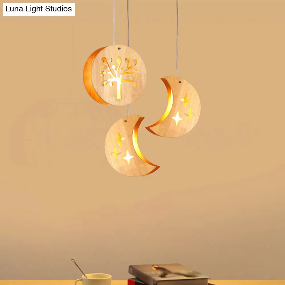 Hollowed-out Wooden Pendant Light – Minimalist 3-Bulb Beige Hanging Fixture for Dining Room