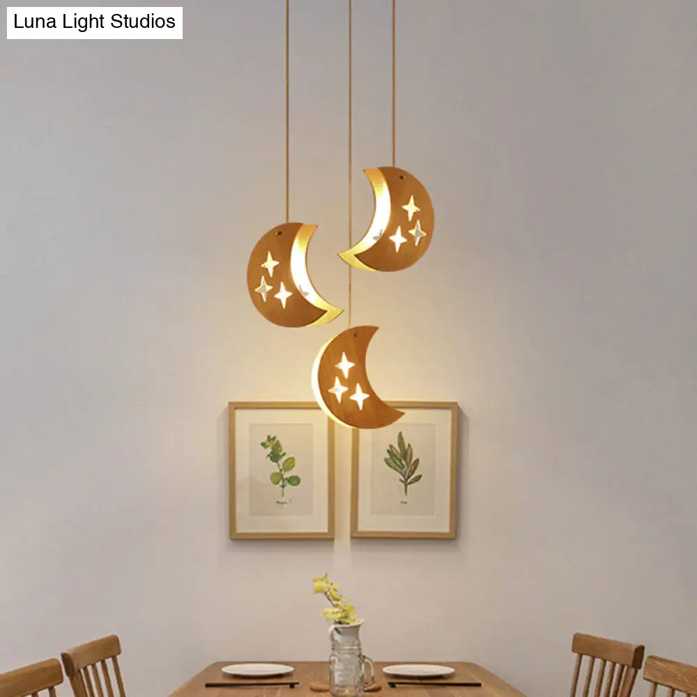 Hollowed-out Wooden Pendant Light – Minimalist 3-Bulb Beige Hanging Fixture for Dining Room