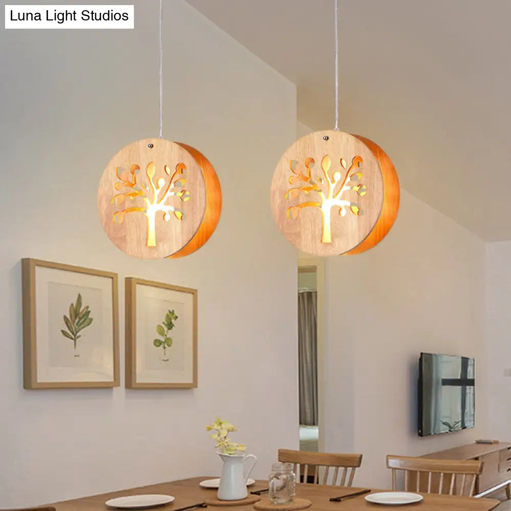 Hollowed-out Wooden Pendant Light – Minimalist 3-Bulb Beige Hanging Fixture for Dining Room