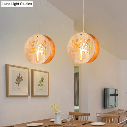 Hollowed-out Wooden Pendant Light – Minimalist 3-Bulb Beige Hanging Fixture for Dining Room