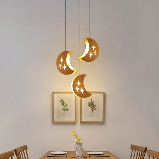 Hollowed-out Wooden Pendant Light – Minimalist 3-Bulb Beige Hanging Fixture for Dining Room