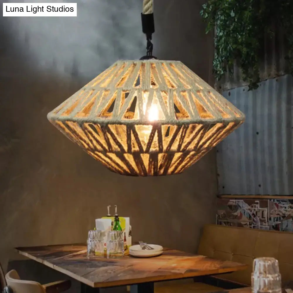 Hollowed Pendant Rustic Brown Jute Rope Ceiling Lamp with Flying Saucer Design - 1 Light