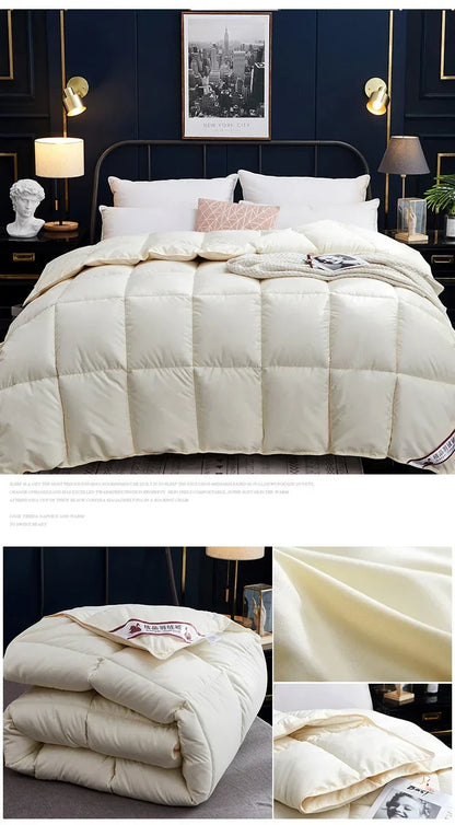 Cream-colored quilted down comforter with soft plush texture 100% cotton cover king queen twin size winter blanket