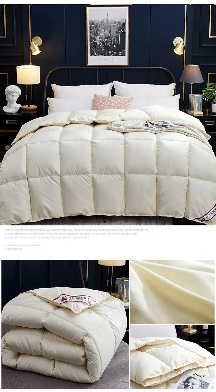 Cream-colored quilted down comforter with soft plush texture 100% cotton cover king queen twin size winter blanket
