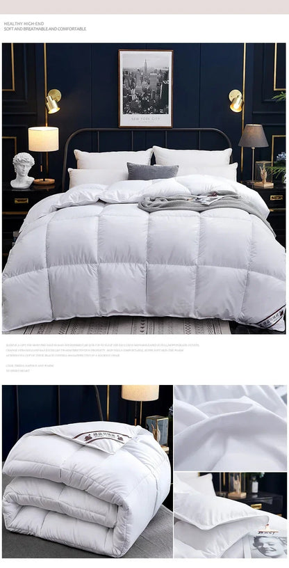 White quilted down comforter with soft plush texture and 100 percent cotton cover for winter use in multiple sizes