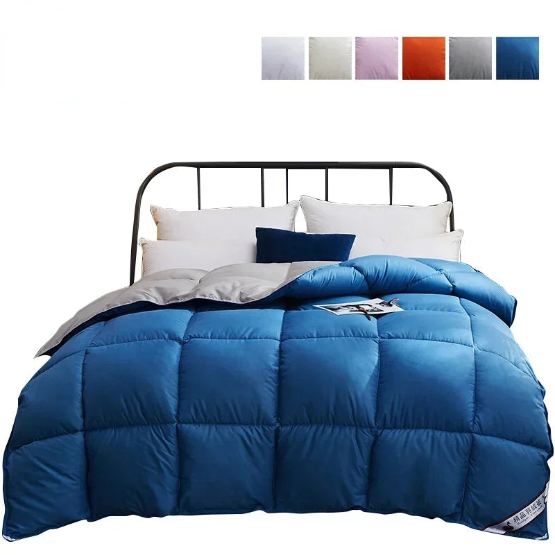 Royal blue quilted comforter with soft plush texture and stitched square panels 100% cotton cover king queen twin size