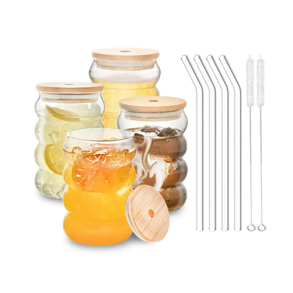 Honeycomb creative glass cup set with bamboo lid featuring clear bear-shaped decorbites creative glass filled with colorful drinks