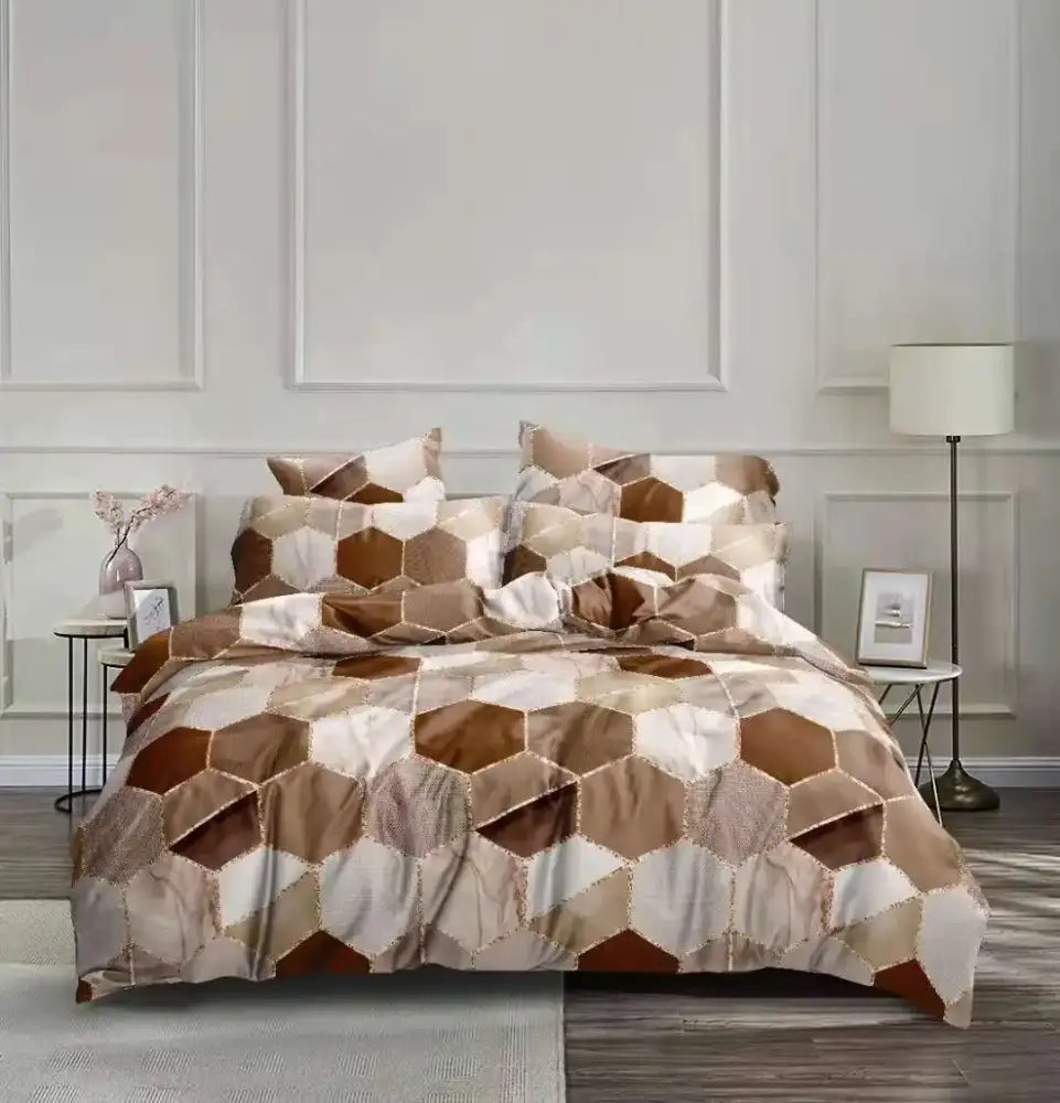 Brown and beige honeycomb marble bedding set featuring a hexagonal pattern for stylish bedroom decor by decorbites honeycomb marble