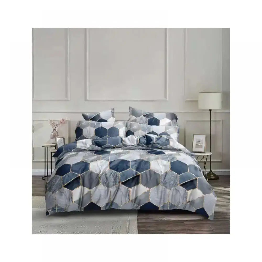 Blue and gray hexagonal patterned bedding set from decorbites honeycomb marble brown and beige collection for bedroom decor