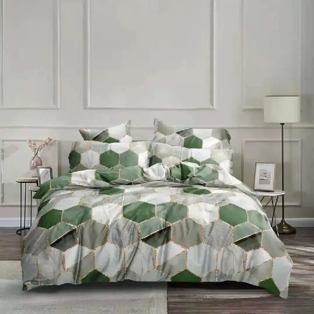 Green and white hexagonal patterned bedding set featuring honeycomb marble design for elegant bedroom decorbites honeycomb marble